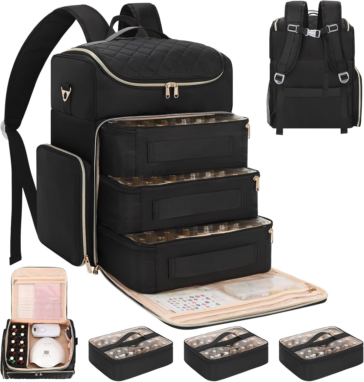Extra Large Nail Polish Organizer Backpack, Holds 124 to 200+ Bottles & Full Size Lamp, Travel Nail Organizers and Storage Bag with 3 Removable Pouches, Portable Nail Supplies Case